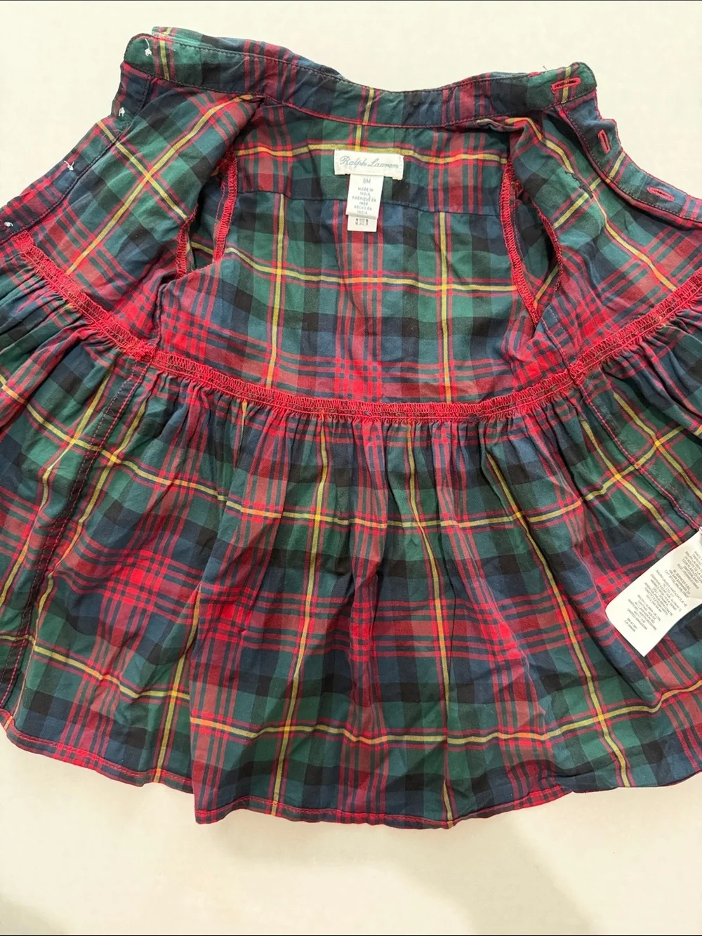 Ralph Lauren Girls 6M Cotton Plaid Button-Down Dress Top in Red & Green